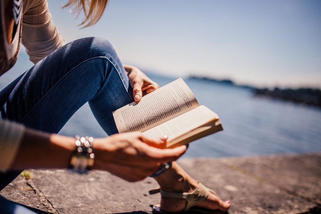 reading, book, girl, woman, sunshine, lake, nature, novel, open book, read, leisure, hobby